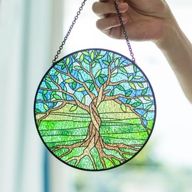 Poranlem Tree of Life Stained Glass Window Hanging Panels Indoor Plant Suncatchers Wall Decor Bedroom Ornament Art Craft Gift