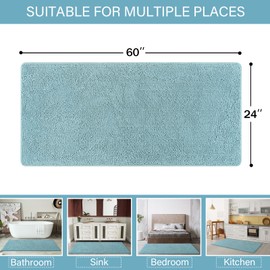LOCHAS Luxury Bathroom Rug Shaggy Bath Mat 24 x 60 Inch, Washable Non Slip Bath Rugs for Bathroom Shower, Soft Plush Chenille Absorbent Carpets Mats, Spa Blue