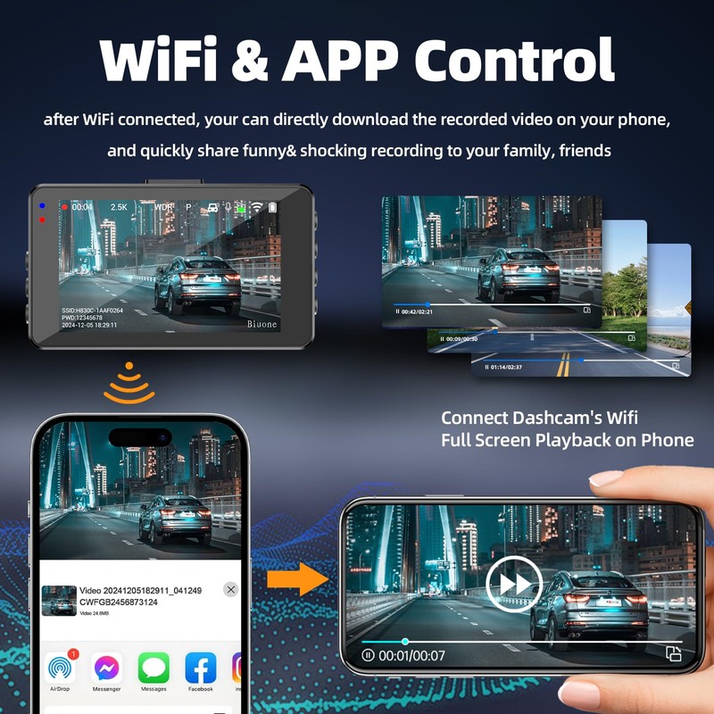 Dash Cam Front and Rear Camera, WiFi Dash Camera for