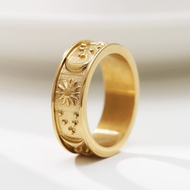 HZMAN 8mm Moon Star Sun Statement Ring Stainless Steel Boho Jewelry for Women Men (Gold, 5)