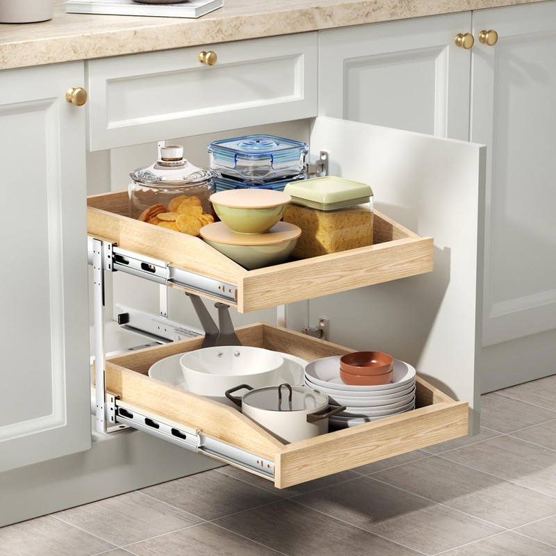 ROOMTEC 2 Tier Pull Out Cabinet Organizer, Double Tier Slide