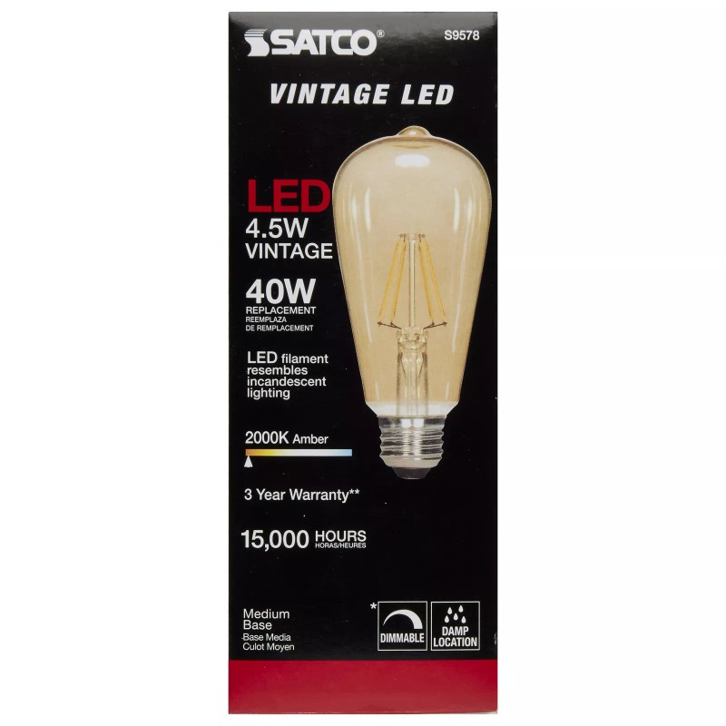 Satco S9578 Vintage Transparent Amber Filament LED Bulb 4.5W ST19