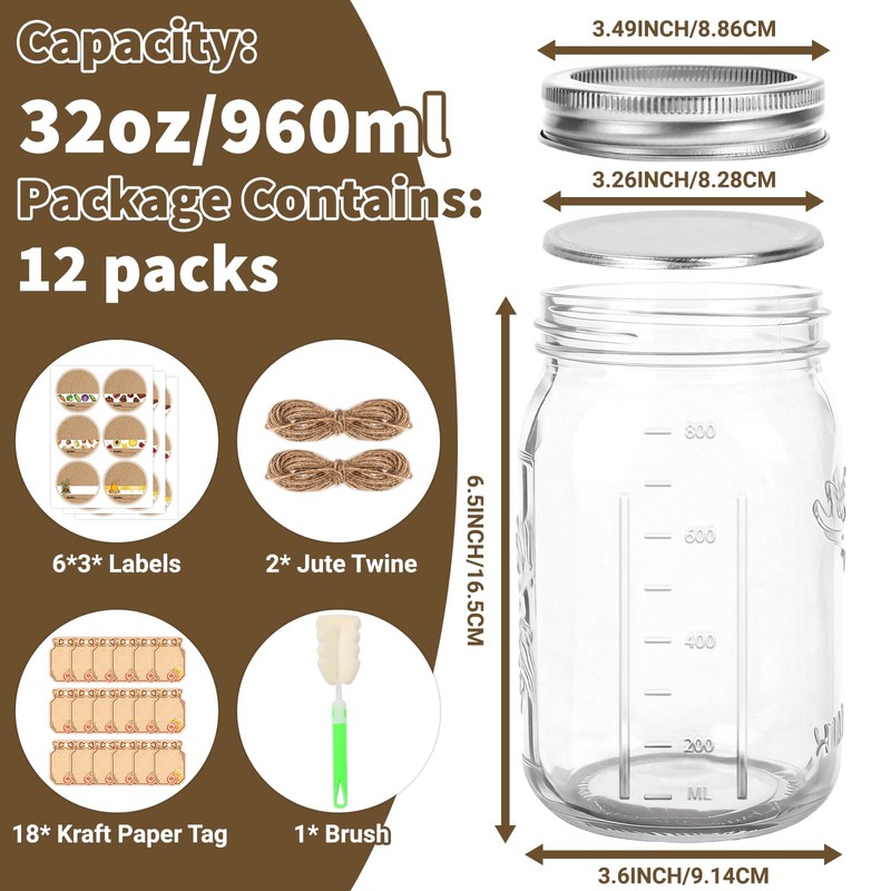 32oz Glass Mason Jars Wide Mouth 12-Pack with Airtight Lids