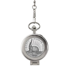 American Coin Treasures U.S. Coin Pocket Watch with Skeleton Movement | Statue of Liberty Commemorative Half Dollar | Sweeping Second Hand, Magnifying Glass | Certificate of Authenticity