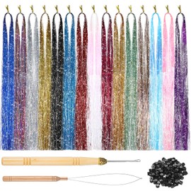 JIYIN Hair Tinsel Kit 16 Colors, 90 cm Tinsel Hair Extensions with Tool Fairy Hair Tinsel Kit Glitter Hair Extensions Hair Accessories for Women Birthday Cosplay Party