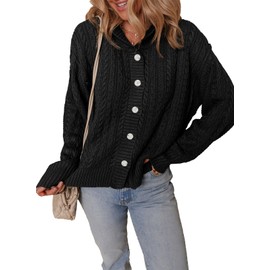 Dokotoo Womens Warm Oversized Open Front Button Up Long Sleeve Cardigan Sweaters Coats Casual Soft Solid Chunky Cable Knit Ribbed Hooded Cardigans Ladies Cute Loose Fit Sweaters Trendy Black 2XL