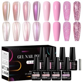 MEET ACROSS 8pcs Gel Nail Polish Set, Soak off UV LED Lamp Gel Nail Polish Cat Eye Set Home Gel Manicure Kit 7ml (Cat Eye + color Gel-6)