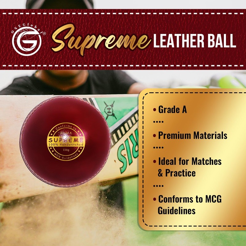 ONEGlobal Supreme Leather Cricket Ball | 100% Handstitched, 156g -