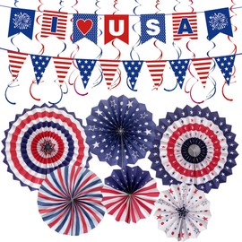 UOUYOO Patriotic decorations Party Fourth of July decor red white blue decorations Includes 4th of july Banner Paper Fans Star Streamer