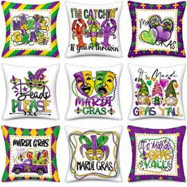 Mindsoft 9 Pcs Mardi Gras Pillow Covers 18 x 18 Throw Pillow Covers Happy Mardi Gras Decorations Mask Feather Decorative Pillowcase for Home Couch Sofa