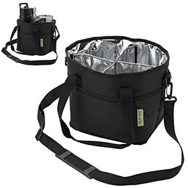 NoNa & Bee 4 Compartment Multiple Water Bottle Carrier Caddy Holder for Families - Black, 7.5" Tall x 9" Wide - Adjustable Removable Insert