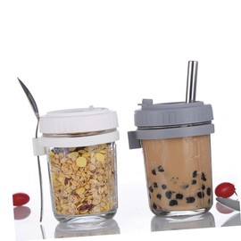 Alipis Oatmeal Container Jar Large Overnight Oats Glass Jar with Lid Straw Spoon