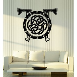 Vinyl Wall Decal Viking Shield Axes Celtic Pattern Warrior Scandinavian Art Stickers Mural Large Decor (ig5083) Black