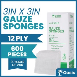 3 x 3 inch Gauze Sponges, 100% Cotton, 12-Ply Woven Non-Sterile Gauze, 600 Pc (3 Packs of 200)