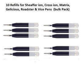 10 Intrepid Black Gel Ink Refill [Bulk Packing] for Cross and Sheaffer Ion Pen. Black Gel Ink (Black)