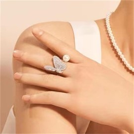 Kokoma Butterfly Pearl Open Statement Rings for Women Cubic Zirconia Butterflies Rhinestone Animal Adjustable Engagement Ring Promise Ring Eternity Band Fashion Jewelry