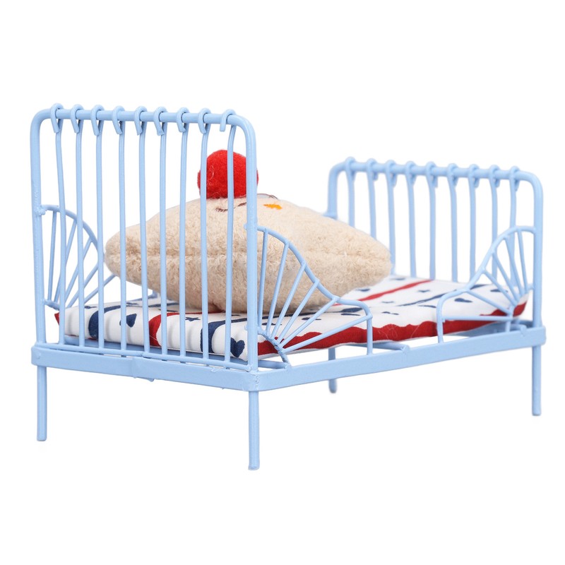 1:12 Miniature Bed Metal Structure Cute Pattern Sponge Cloth Mattress