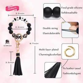 BAOSIWA Silicone Beaded Nana Bracelet Keychain Black Leopard Wristlet Key Ring Bangle Chains Christmas Gifts for Women Grandma with Leather Tassel