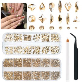 2530Pcs Champagne Gold Nail Rhinestones 120 Multi Shapes Flatback Crystals Gems +2410 Round Beads K9 Glass Stones Diamonds jewels Nail Art Supplies Nail Charms for Nails Faces Eyes Makeup Crafts DIY