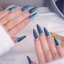 THCEVRLA Handmade Nail Tips, Medium, Long, Almond, Blue Diamond Nail Tips, Cat Eye, Magnet, 3D Popular, Nail Stickers, Cute False Nails, Comes with Box of 10