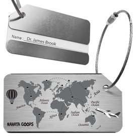 Luggage Tags 2 PCS, Luggage Labels for Suitcase, Travel Accessories with World Skyline Design - Brushed Aluminum Alloy with Name ID Labels for Small & Large Suitcase (World Map Pack-2)