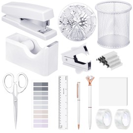 14 in 1 White Office Supplies, White Desk Accessories for Wome with White Stapler and Tape Dispenser Set, Tape, 1000 Staples, Staple Remover, Scissors, Pen, Pen Holder, Tabs, Ruler, Clips Set