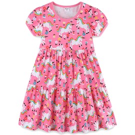 Kids Girl's Summer Dresses Clothes Unicorn Easter Rainbow Short Sleeve Casual Twirly Tiered Smocking Dresses Playwear Sundress Clothing Outfits Pink Horses 12-13 Years