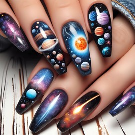 SINSEN Press on Nails Long Coffin Fake Nails Starry Sky Black Universe False Nails with Planet Designs Full Cover Sun Stick on Nails Gradient Colorful Glue on Nails Acrylic Nails for Women 24Pcs