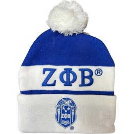 Zeta Phi/Φ Beta Embroidered Knit Beanie with Ball [Blue] - ID#72024