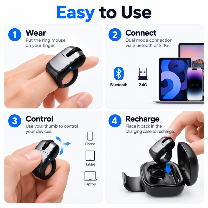 Rechargeable Ring Mouse for Remote Control – Bluetooth + 2.4GHz