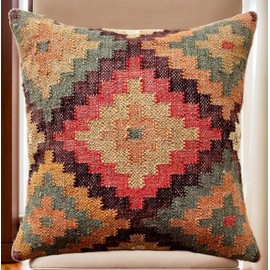 LKGSM RUGS Handwoven Kilim 18x18 inch Square Indian Outdoor Cushion Cover, Decorative Throw Pillow Case, Jute Pattern 48