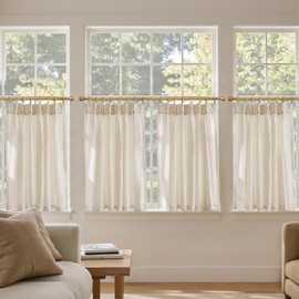 jinchan Linen Pinch Pleated Kitchen Curtains 36 Inch 4 Panels, Natural Linen Tier Curtains Back Tab Beige Farmhouse Cafe, Light Filtering Small Window Drapes for Bathroom Laundry Room Crude