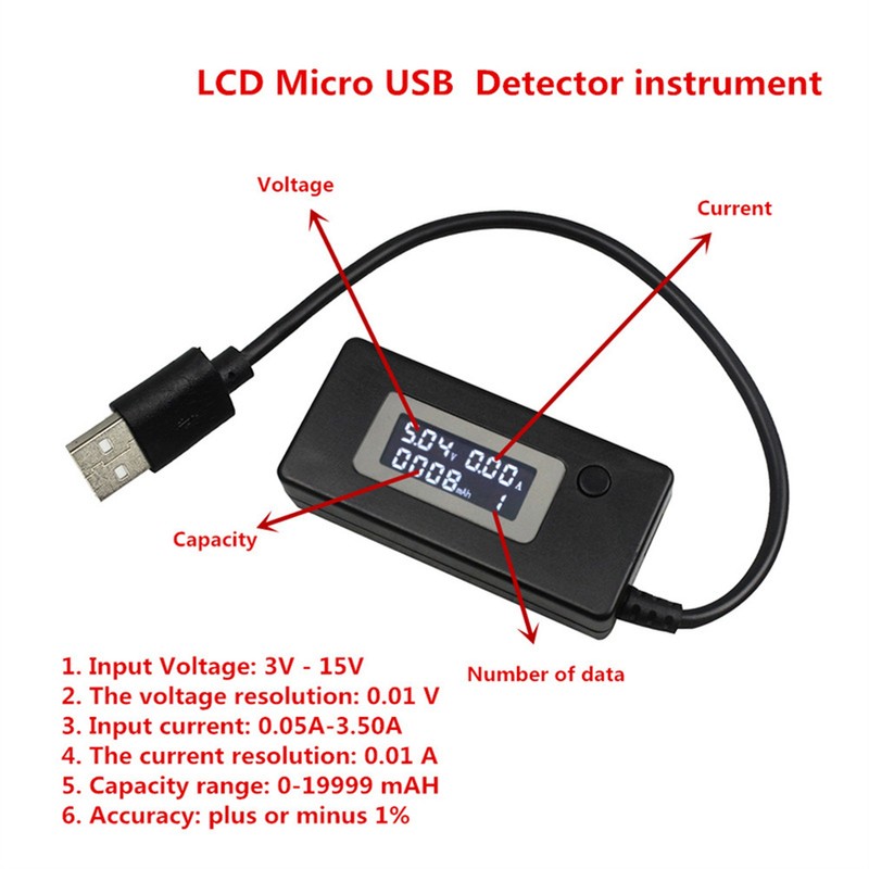USB Voltage Current Tester LCD Display 50mA‑3500mA USB Multimeter 3‑15V