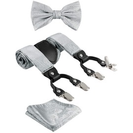Corbata G, tirantes y pajarita, bolsillo cuadrado/juego de 3 piezas, 3,5 cm de ancho de banda, 6 clips, 3 bucles de piel, longitud ajustable, Una cachemira plateada., Large