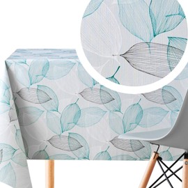 KP HOME Wipe Clean Tablecloth Grey And Teal Leaves Pattern PVC Table Cover - Rectangle Square 140 x 140 cm Wipeable Vinyl Plastic Table Cloth With Modern Leaf Design