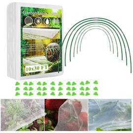 Garden Netting for Raised Beds, 10x30FT Ultra Fine Mesh Netting with 6 Sets Fiberglass Garden Hoops Grow Tunnel, Row Cover Net Protection for Vegetable Flowers,Plant Covers Insect Barrier Pest Netting