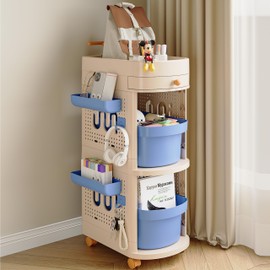 Metgoods 3-Tier Rolling Storage Cart with Drawers, Mobile Organizer Rack with Wheels, White and Blue
