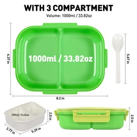 AGREON Bento Boxes with Removable Compartments for Adults & Kids,1000ml Lunch Box with Spoon & Water Cup,BPA-Free,Microwave & Dishwasher Safe(Green)