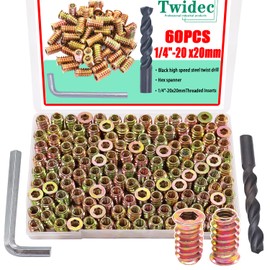 Twidec/60PCS 1/4"-20 Threaded Inserts for Wood Furniture Screw-in Nut Wood Inserts Bolt Assortment Kit with M6 Hex Wrench (1/4"-20 x20mm) N-059-1/4x20