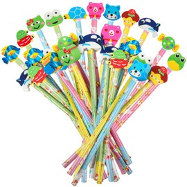 DIYASY 50 Pcs Cute Pencils with Eraser Toppers, Cartoon Animal Wood Pencil Bulk Party Favor Supplies Classroom Rewards Prizes Stationery for Kids