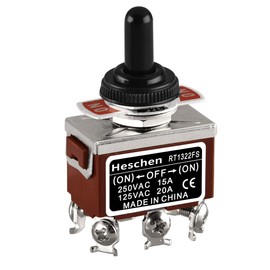 Heschen Metal Toggle Switch RT1322FS, DPDT, Momentary (ON)/OFF/(ON), 3 Positions, 15A 250VAC, with Waterproof Cover, CE