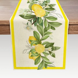 Spring Summer Lemon Table Runner, Fruits Kitchen Dining Table Decoration for Holidays, Yellow Lemons Leaves Flowers Farmhouse Table Decor Runners 13X72 in