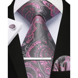 Enlision Men's Ties Pink Paisley Clip Tie and Pocket Square Cufflink Set