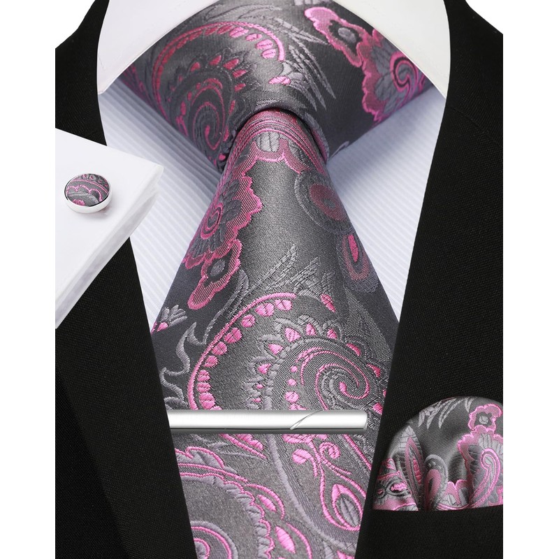 Enlision Men's Ties Pink Paisley Clip Tie and Pocket Square
