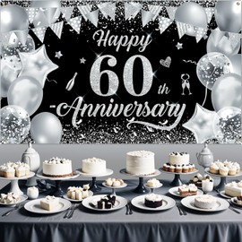 60th Wedding Anniversary Decorations Banner Black Silver Happy 60th Anniversary Banner for Men Women 60th Anniversary Party, 60th Diamond Wedding Anniversary Party Decorations 72.8 * 43.3in
