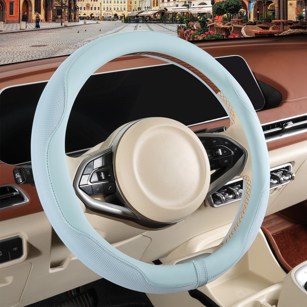 Binsheo Binsheo Nappa Leather Blue Steering Wheel Cover, Advanced Microfiber
