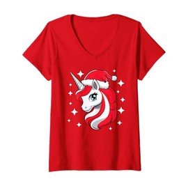 Womens Christmas Unicorn For Girls Red Santa Hat Winter Holiday V-Neck T-Shirt