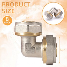 8 Pack 3/4'' Elbow Air Piping Fittings 3/4'' x 3/4'' Tubing Brass-Nickel Plated Equal Elbow Tubing Fittings for Shop Garage Compressed Air Line System Kit Air Compressor Accessories