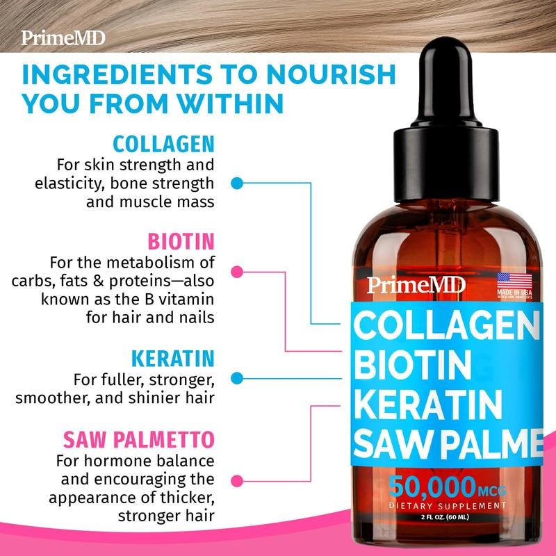 PrimeMD Liquid Collagen Biotin Keratin Saw Palmetto Supplement Drop -