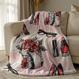 Cosmetic and Makeup Theme Throw Blanket, Perfume Lipstick Flower Blanket, Fashion Gift for Women, Flannel Fleece Ultra-Soft Micro Lightweight Cozy Comfort for Bedroom Couch Sofa Gift 50"x40"
